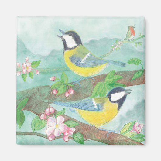 花の咲く木の枝で鳥が歌う マグネット (正面)