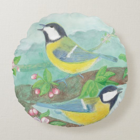花の咲く木の枝で鳥が歌う ラウンドクッション (正面)