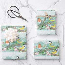 花の咲く木の枝で鳥が歌う ラッピングペーパーシート