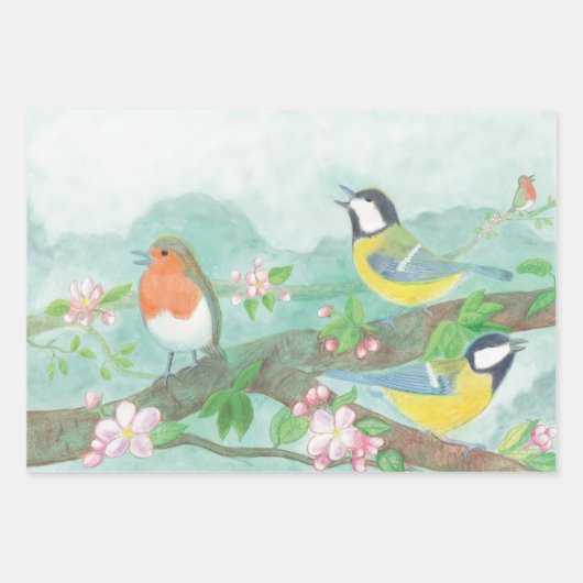 花の咲く木の枝で鳥が歌う ラッピングペーパーシート (正面)
