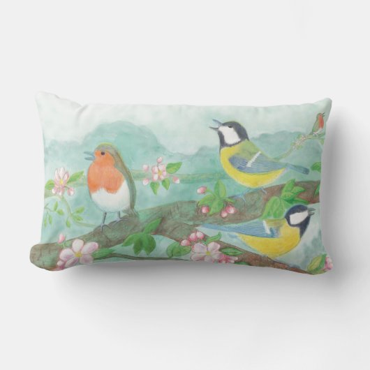 花の咲く木の枝で鳥が歌う ランバークッション (正面)