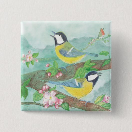 花の咲く木の枝で鳥が歌う 缶バッジ (正面)