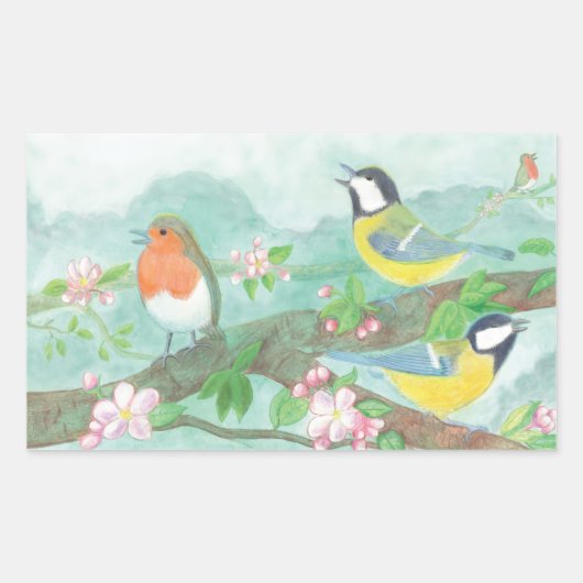 花の咲く木の枝で鳥が歌う 長方形シール (正面)