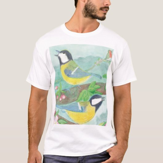 花の咲く木の枝で鳥が歌う Tシャツ (正面)