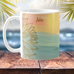 花の咲く海に浮かぶ美しい水色の夕日 コーヒーマグカップ