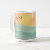 花の咲く海に浮かぶ美しい水色の夕日 コーヒーマグカップ (正面左)