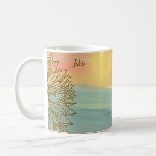 花の咲く海に浮かぶ美しい水色の夕日 コーヒーマグカップ (左)