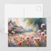 花の咲く野原のビンテージ風の家 自然の風景 ポストカード (正面/裏面)