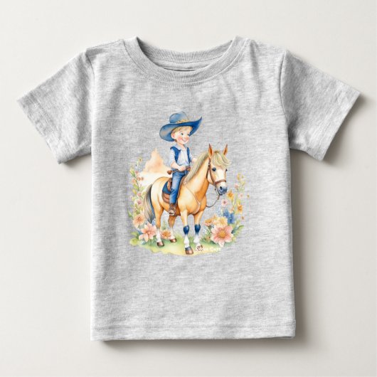 花の咲く馬に乗った小さなカウボーイ ベビーTシャツ (正面)