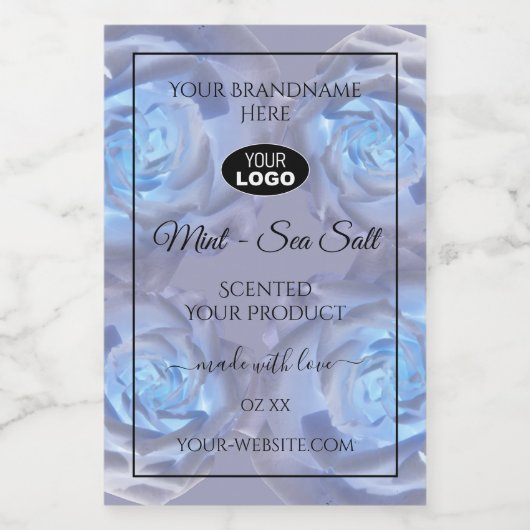 花の商品ラベル ライトブルーのバラとロゴ フードラベル (シングルラベル)
