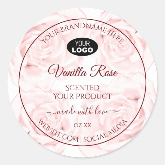 花の商品ラベル 薄いピンクのバラとロゴ ラウンドシール (正面)