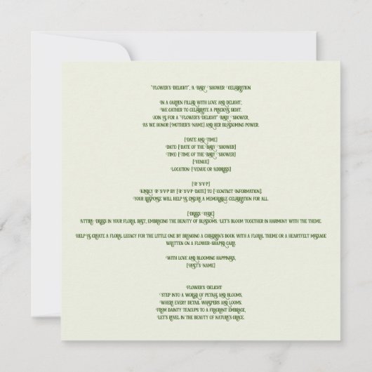 花の喜び:穏やかな花、赤ちゃんシャワー 招待状 (裏面)