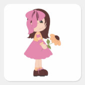 花の四角いステッカーを持つ少女 スクエアシール (正面)