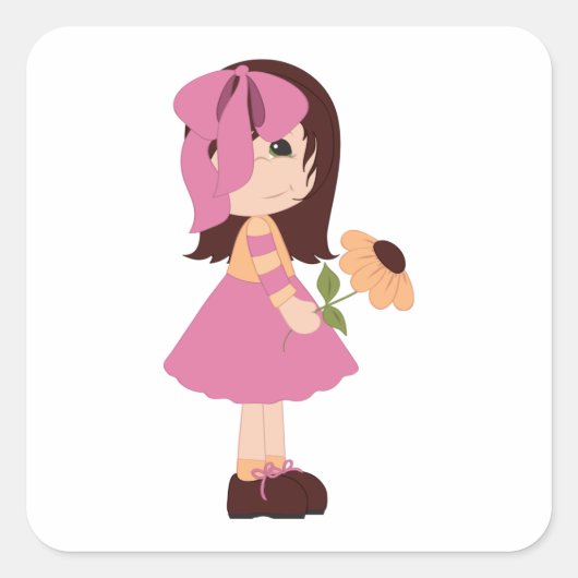 花の四角いステッカーを持つ少女 スクエアシール (正面)