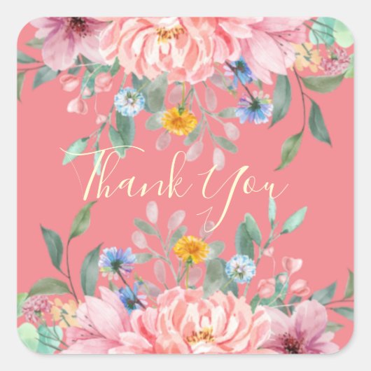花の四角いステッカー付きソフトピンク スクエアシール (正面)