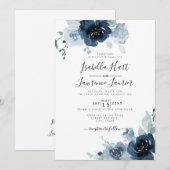 花の塵っぽい青いパステルネイビースレートの結婚式 招待状 (正面/裏面)