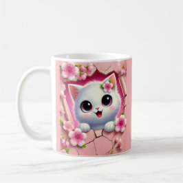 花の壁から顔を出すかわいい3D猫デザイン コーヒーマグカップ