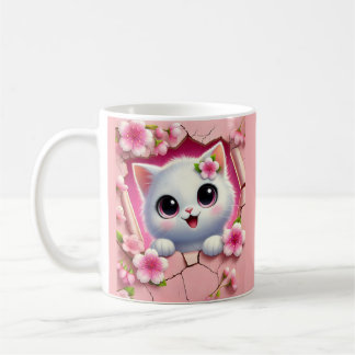 花の壁から顔を出すかわいい3D猫デザイン コーヒーマグカップ