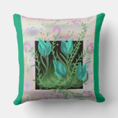 花の壁にティール(緑がかった色)パーソナライズされた枕 クッション (裏面)