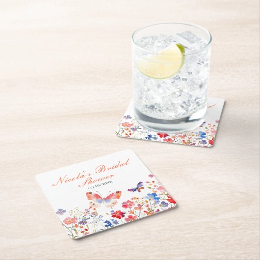 花の夏の蝶のブライダルシャワー スクエアペーパーコースター (インサイチュ)