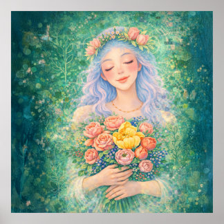 花の夢見る天使 - ソフトグリーン ファンタジーアート ポスター