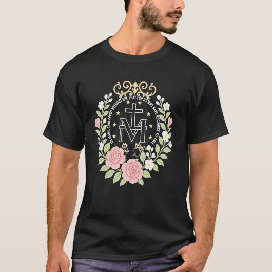花の奇跡のメダイ マリアのカトリック信仰 Tシャツ (正面)