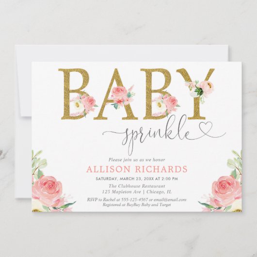 花の女の子のベビーはピンクの金ゴールドエレガントな振りかけましたり、赤面します 招待状 (正面)