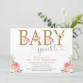 花の女の子のベビーはピンクの金ゴールドエレガントな振りかけましたり、赤面します 招待状 (スタンド正面)