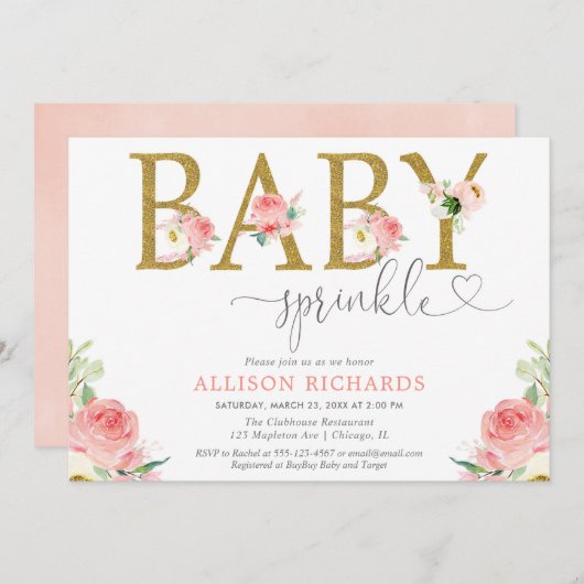 花の女の子のベビーはピンクの金ゴールドエレガントな振りかけましたり、赤面します 招待状 (正面/裏面)