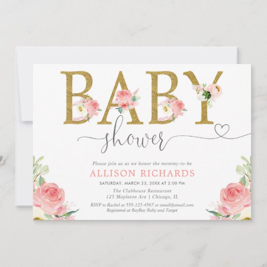 花の女の子のベビーシャワーは、ピンクの金ゴールドエレガントな赤面します 招待状 (正面)