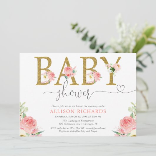 花の女の子のベビーシャワーは、ピンクの金ゴールドエレガントな赤面します 招待状 (スタンド正面)