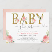 花の女の子のベビーシャワーは、ピンクの金ゴールドエレガントな赤面します 招待状 (正面/裏面)