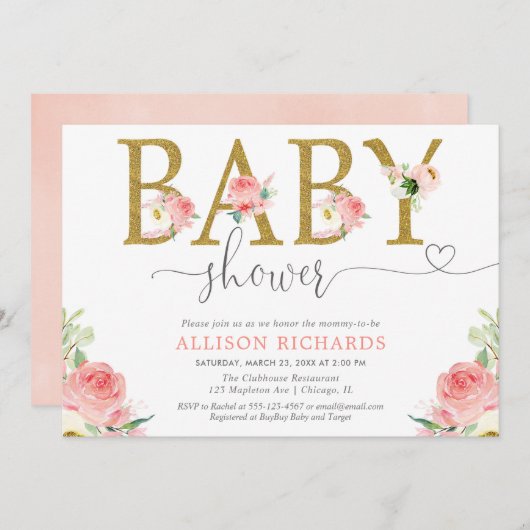 花の女の子のベビーシャワーは、ピンクの金ゴールドエレガントな赤面します 招待状 (正面/裏面)