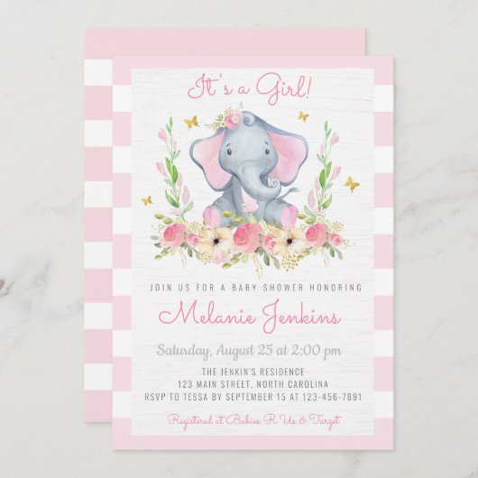 花の女の子象のベビーシャワー招待状 招待状 (正面/裏面)