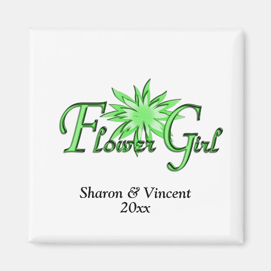 花の女の子、緑の新郎新婦デート マグネット (正面)