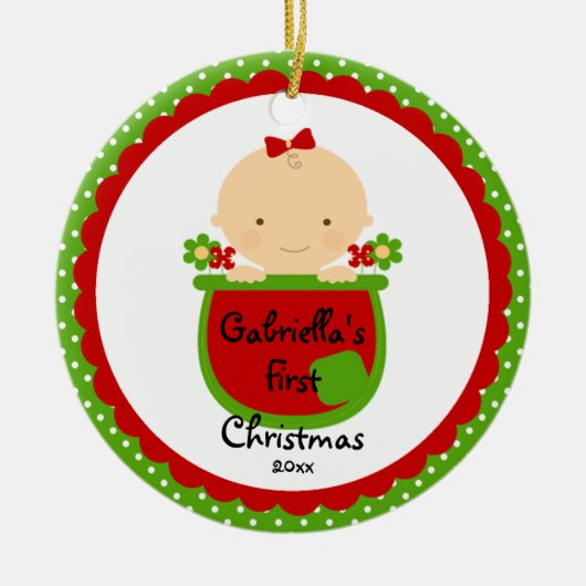 花の女の赤ちゃんのベビーの初めてのクリスマスのオーナメント セラミックオーナメント (正面)