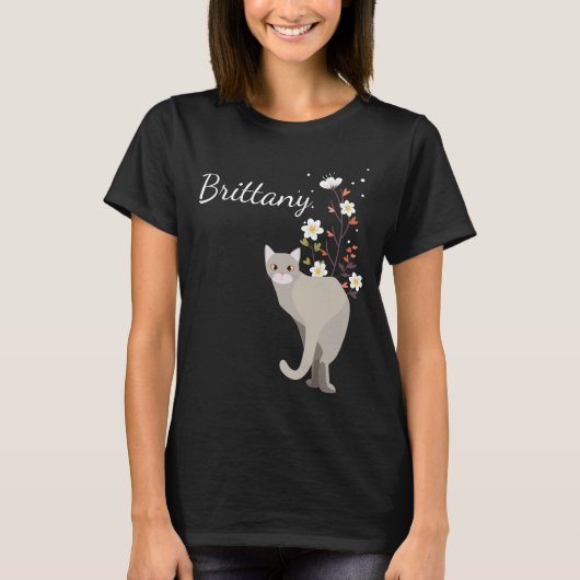 花の女性のTシャツの美しい灰色猫 Tシャツ (正面)