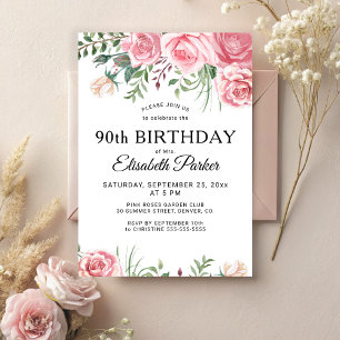 花の女性らしいピンクの花 90歳の誕生日パーティー 招待状