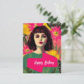 花の女性 誕生日おめでとう ポストカード (スタンド正面)