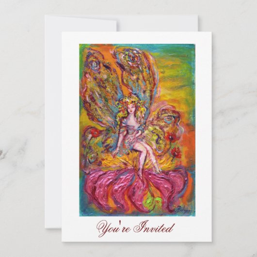 花の妖精のピンクの虹彩のファンタジー黄色の白 招待状 (正面)