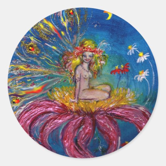 花の妖精の夜の青のファンタジー ラウンドシール (正面)