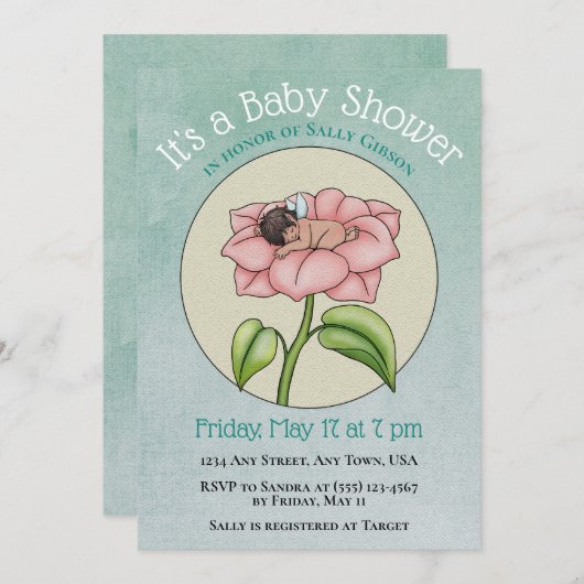 花の妖精ベイビー フェアリー フラワー ベビーシャワー 招待状 (正面/裏面)