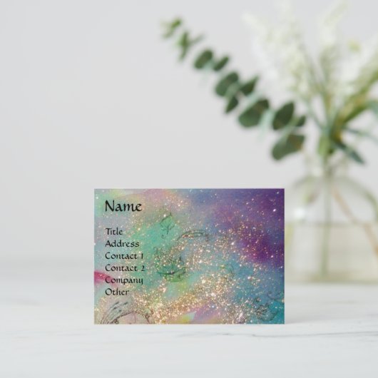 花の妖精、ピンクの虹彩ファンタジーブルー金ゴールドのきらめき 名刺 (スタンド正面)