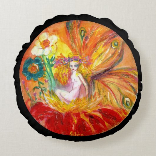 花の妖精,黒いファンタジー ラウンドクッション (正面)