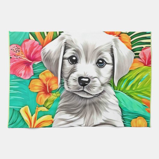 花の子犬アート キッチンタオル (横)