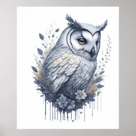 花の守護者：水色フクロウフローラ調和 ポスター