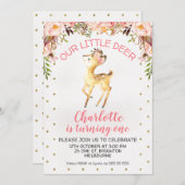 花の小さいシカの誕生日のパーティの招待状 招待状 (正面/裏面)