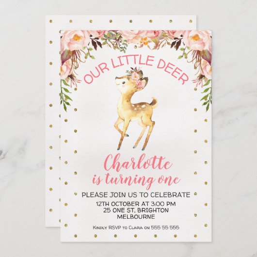 花の小さいシカの誕生日のパーティの招待状 招待状 (正面/裏面)