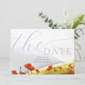 花の山のポピーウェディング 3 枚の写真の保存日 招待状 (スタンド正面)