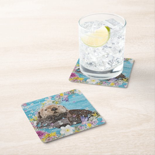 花の川に浮かぶ、おとぎ話のオッター スクエアペーパーコースター (インサイチュ)